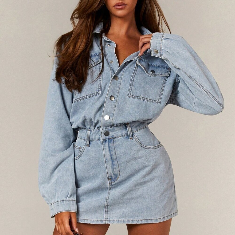 Blue Women's Denim Button Up Longsleeve Mini Dress